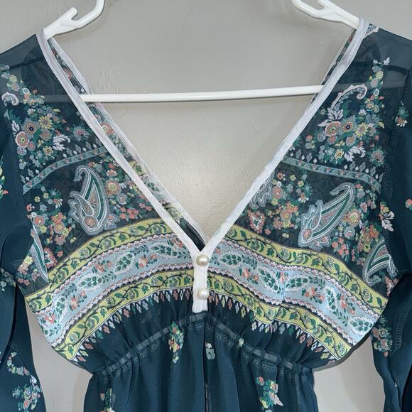 Boho Sheer Floral Tiered Mini Dress Deep V-Neck Long Sleeve XS/S Green Paisley - Picture 7 of 7